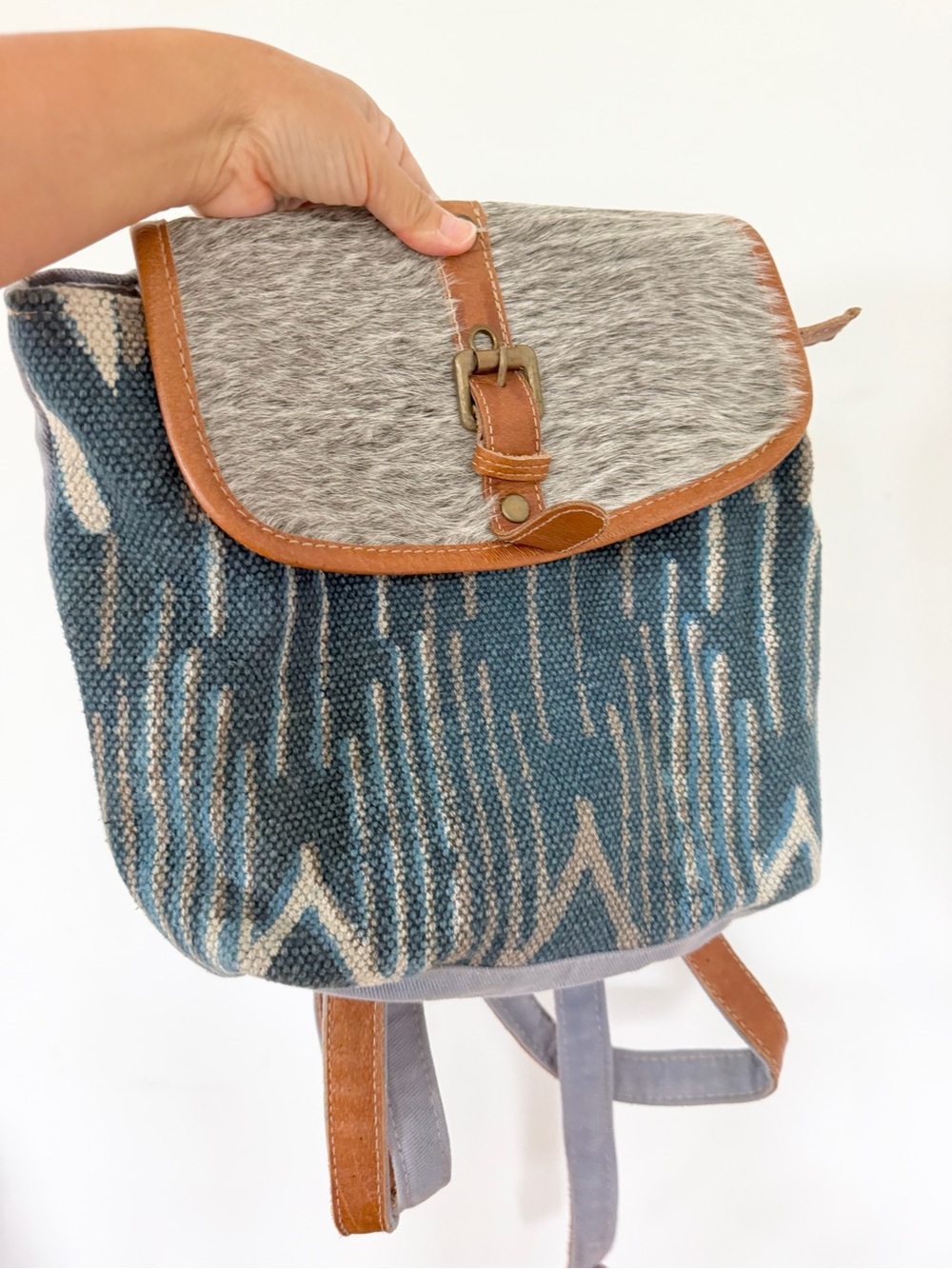 Myra Bag Handcrafted Blue Patterned Fur & Leather Canvas Haircalf Backpack Read